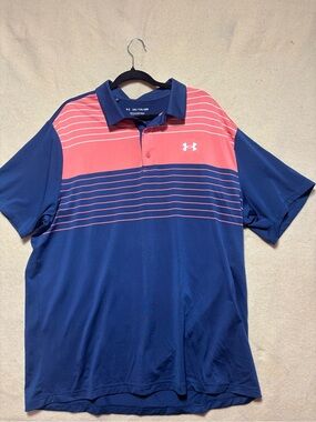 Under Armour Playoff Polo Shirt Men’s XXL Blue Pink Striped Performance Golf Pol